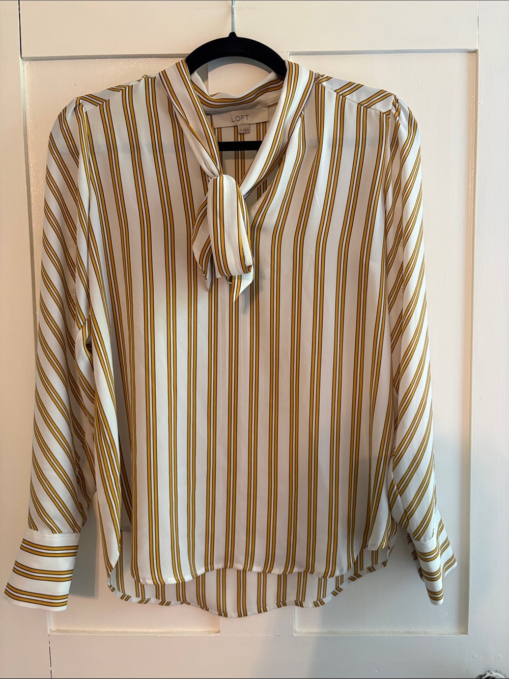 LOFT White and Mustard Striped Tie-Neck Blouse
